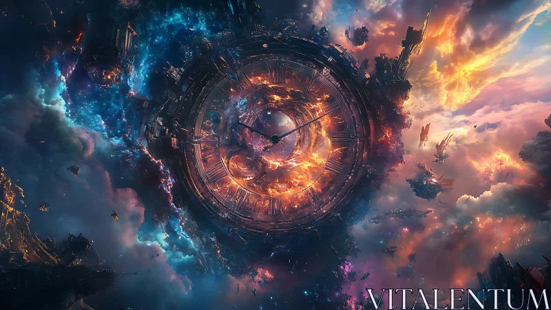 Stellar clockwork swirling through a cosmic sunrise sky.