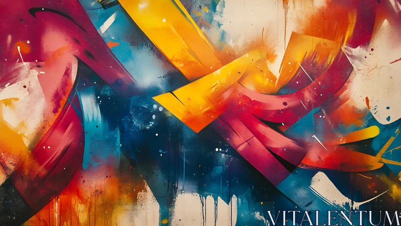 Bold abstract graffiti mural with sweeping color streaks.