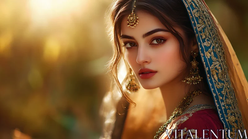 Golden-hour portrait of woman in ornate embroidered veil.