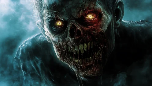 Rotting zombie head glares through toxic teal fog