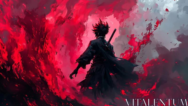 Lone wandering swordsman embraced by swirling crimson fire.