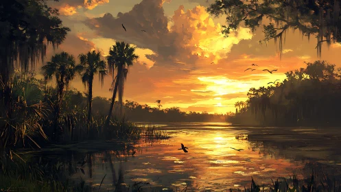 Sunset over palm-lined wetland with reflective water surface.