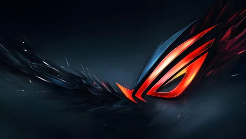Futuristic red and black gaming logo digital artwork on dark background.