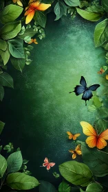 Butterflies drift through lush green foliage in glowing light.