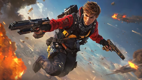 Skyfall gunslinger dives through firelit futuristic warzone.