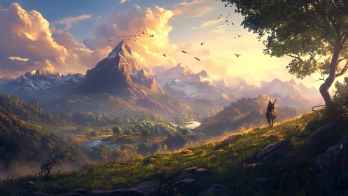 Rider surveys sunlit alpine valley under dynamic atmospheric haze