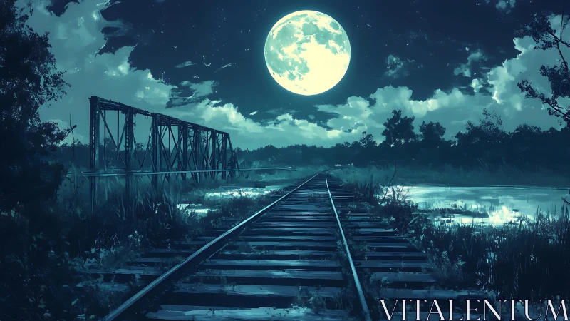 Digital moonlit railway landscape with atmospheric depth rendering.