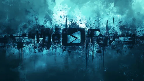 Glitch-fragmented play icon within cyan aerosol turbulence.