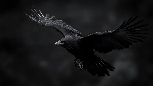 Raven spreads midnight wings over deep shadowed void.