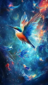 Iridescent kingfishers traverse luminous nebula-like vortex field