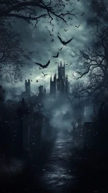 Moonlit bats encircle a forsaken gothic citadel of shadows.