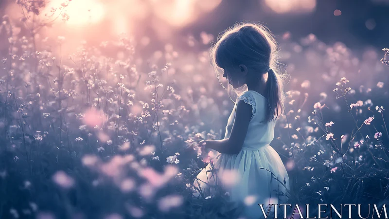 Girl Walking Through a Dreamy Flower Field at Sunset