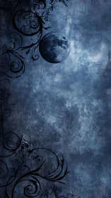 Gothic lunar vignette contrasts ornamental scrolls and moon