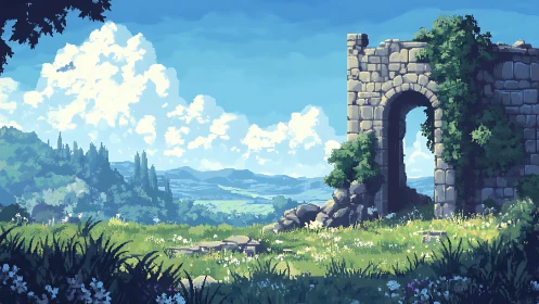 Pixel ruins overlook sunlit valley under towering summer clouds