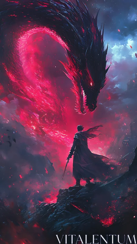 Blazing dragon coils above a lone hero on a stormy cliff