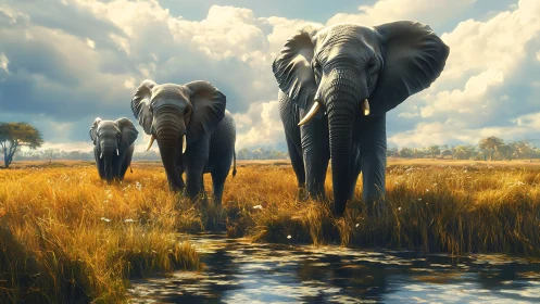 Elephants stride across golden savanna toward tranquil water.