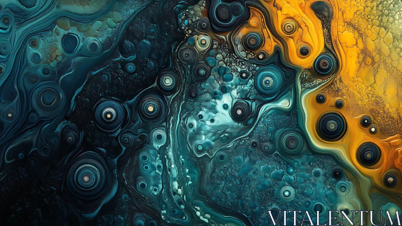 Abstract teal and amber cellular fluid art pattern.