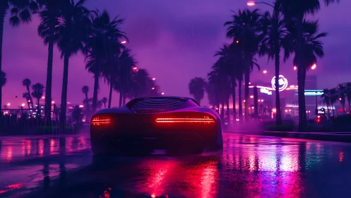 Neon-soaked supercar trajectory in rain-lacquered boulevard.