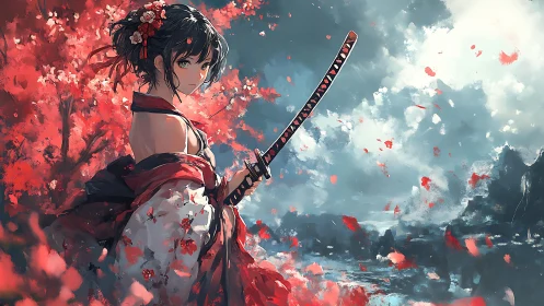 Cherry blossom samurai girl framed by stormy skies.