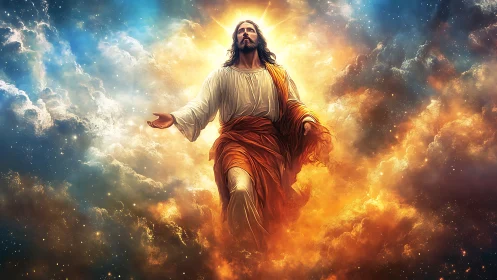 Radiant robed figure ascending through glowing cosmic clouds.
