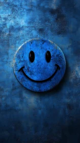 Weathered cobalt smiley emblem on textured blue wall surface.
