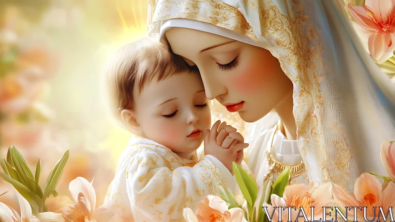 Tender mother and child embraced in glowing spring light.