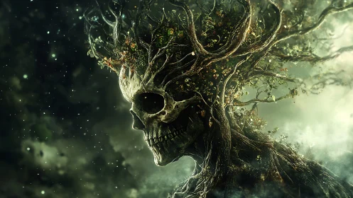 Haunting forest spirit grows from a weathered skull tree