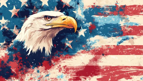 Bold eagle portrait over painterly stars and stripes flag.