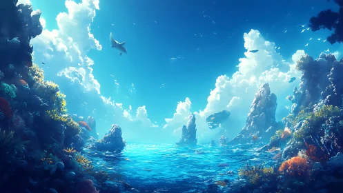Vibrant digital seascape shows rocky reefs and distant clouds