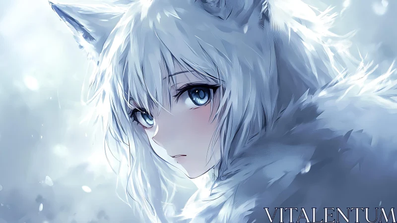 Snowy fox girl gazes back through icy winter light.