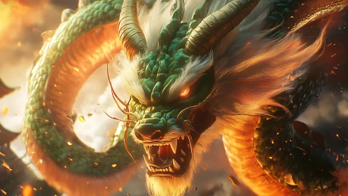 Digital rendering depicts coiling horned dragon in fiery scene