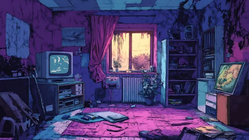 Derelict neon-lit living room contrasts CRT glow and sunset window
