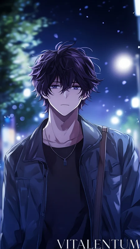 Melancholic anime boy under glowing city night lights.