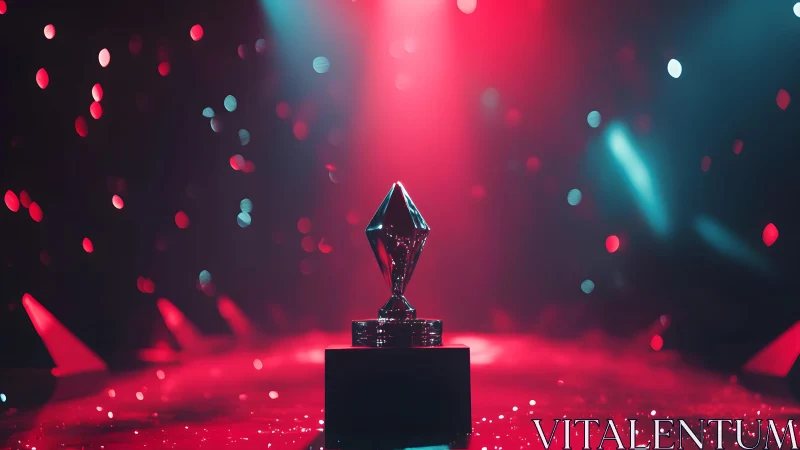 Modern geometric trophy on stage with dramatic lighting and bokeh.