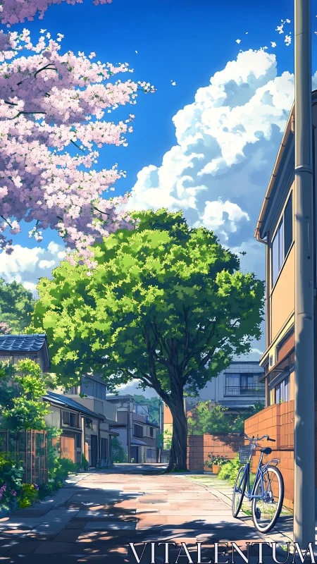 Quiet residential street with bicycle under spring trees.