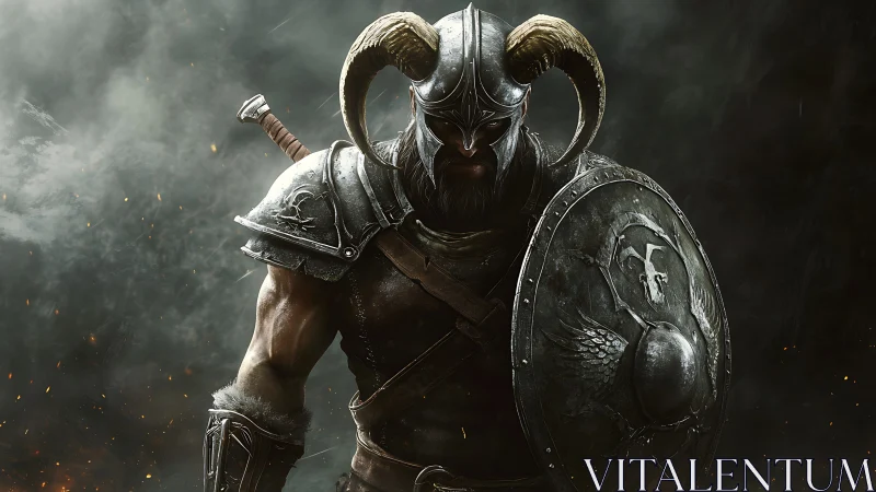 Horned warrior strides from smoke, shield swallowing the light