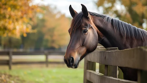 Brown horse at wooden paddock fence in autumn setting.