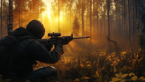 Camouflaged marksman aiming rifle in sunlit misty forest