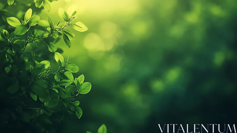 Sunlit Green Leaves in Soft Focus Nature Background Photography.