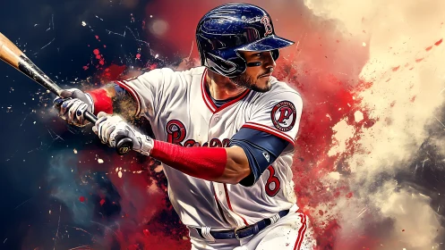 Baseball batter in mid swing with red and blue splatter background.