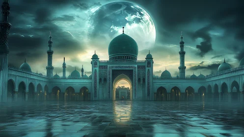 Moonlit emerald mosque courtyard under cinematic storm sky.