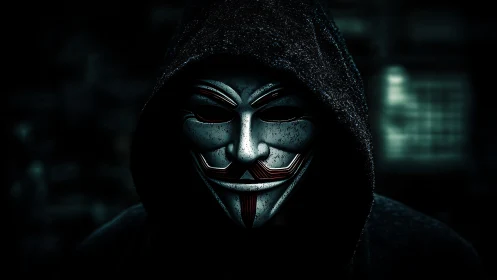 Shadowed hacker in Guy Fawkes mask haunts digital night.