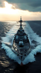 Sunlit destroyer carving a bold path through stormy seas.