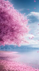 Cherry blossoms drift softly along a tranquil lakeshore