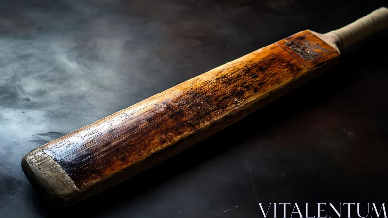 Weathered wooden cricket bat rests on dark studio surface