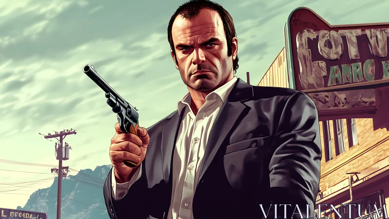 Armed suited antihero in dusty small-town streetscape.