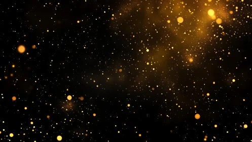 Golden bokeh particles drift across a deep black night sky