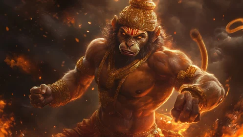 Hanuman charges through fire with divine power and fury