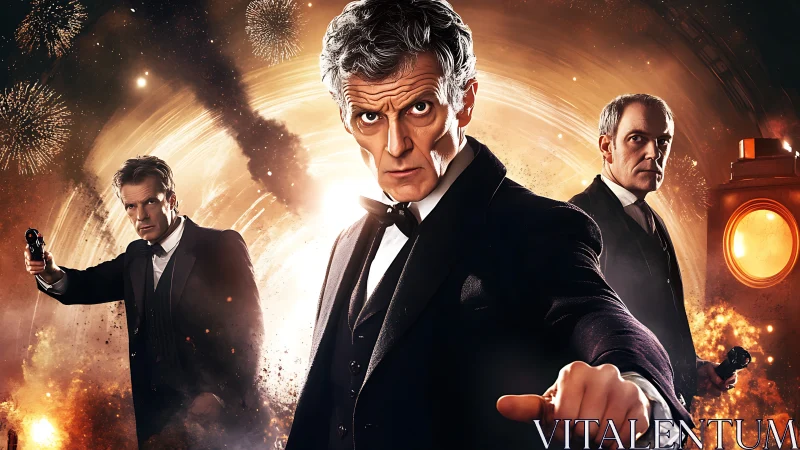 Triptych timefield agents in tuxedos within explosive vortex.