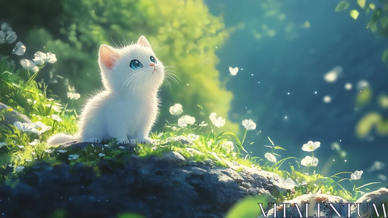 White kitten with blue eyes on moss-covered rock surrounded by white flowers.